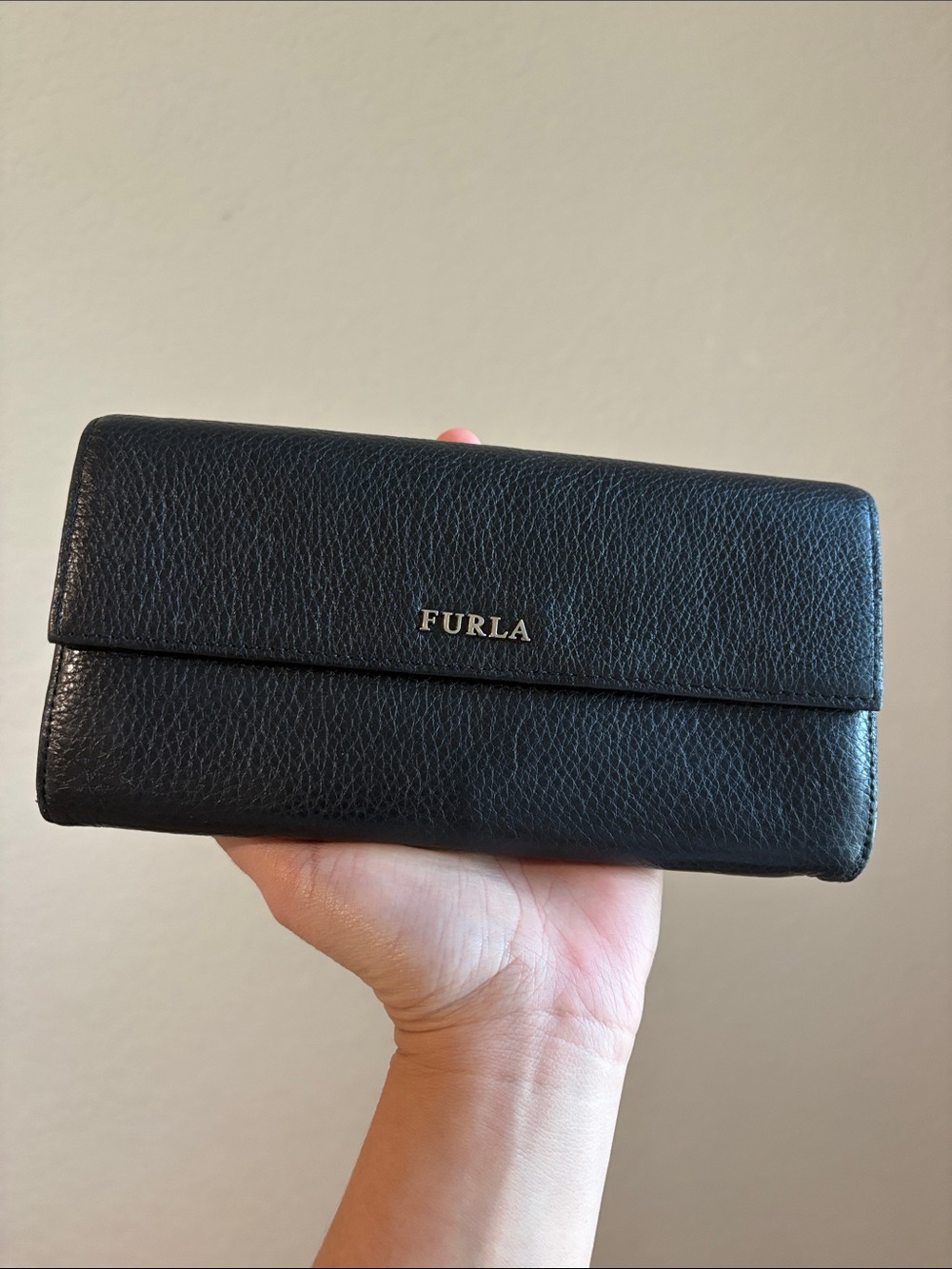 Furla Black Pebbled Leather Long Wallet with Gold Logo